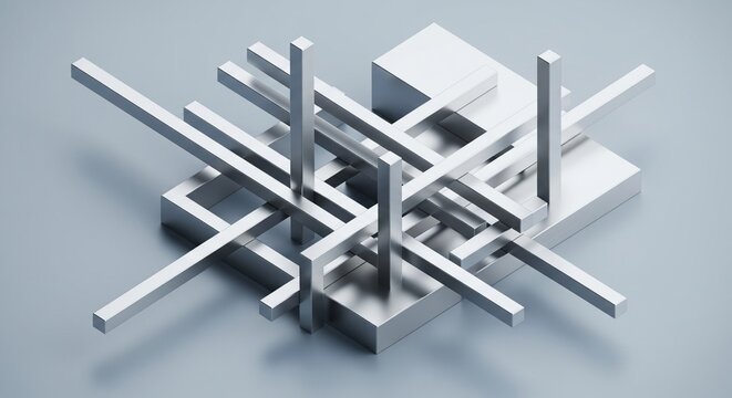 An abstract composition of interlocking silver metal bars and blocks on a smooth grey surface.
