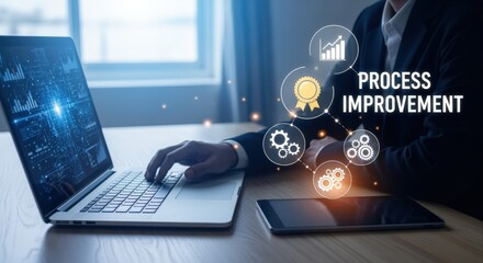 Obraz premium Process Improvement Strategy Concept with Man Using Laptop to Optimize Workflow and Efficiency