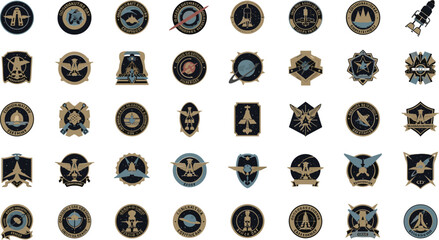 Golden space badges with futuristic designs and text