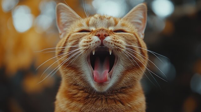 Close up of a cats mouth wide open showing teeth and tongue