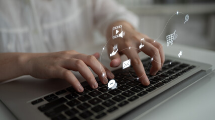 Omnichannel marketing journey showing interaction across media, email, messaging, mobile,...