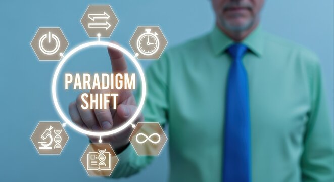 Paradigm Shift Concept: Businessman Touching Virtual Interface Demonstrating Innovation, Transformation, and New Opportunities