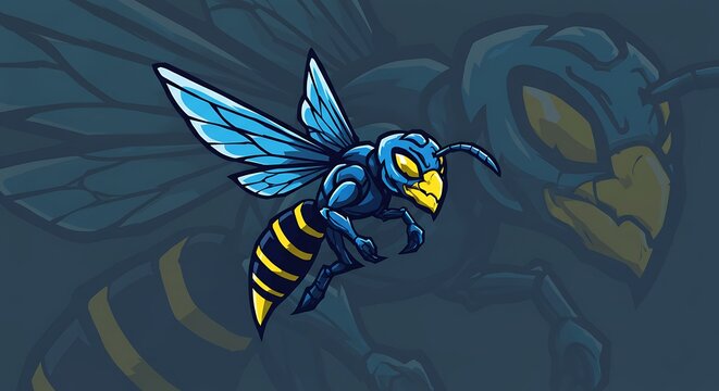 Dynamic Blue Hornet Mascot in Action, Bold Design.