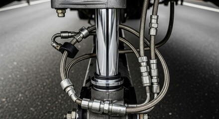 Obraz premium A close-up of a sophisticated hydraulic shock absorber and brake lines of an aircraft landing gear system