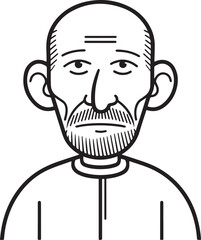 Hand Drawn Old Man Black and White Avatar Illustration in Minimal Line Art Style Design
