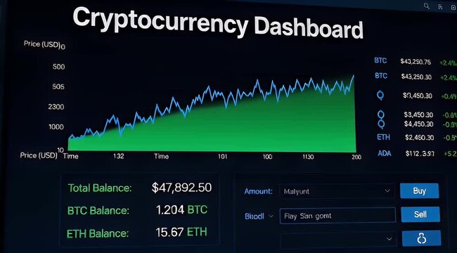 Cryptocurrency dashboard displaying total balance and individual crypto balances with charts
