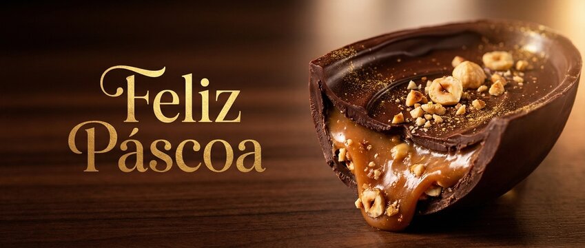  Banner de Feliz P&aacute;scoa com ovo de chocolate trufado gourmet, recheio de caramelo derretido e nozes sobre fundo de madeira escuro.
