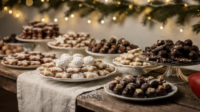 Holiday dessert buffet showcasing assorted cookies and chocolates in clear focus surrounded by softly diffused twinkling string lights and garlands.
