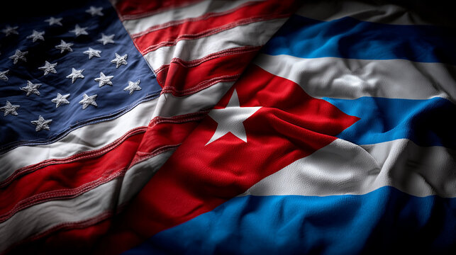 us flag and cuban flag waving together on dark background