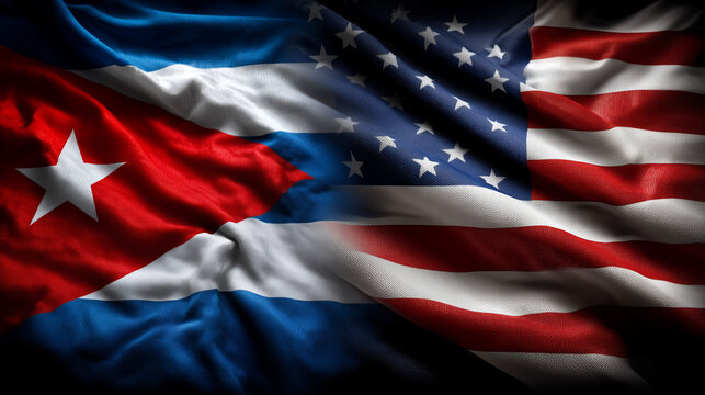 us flag and cuban flag waving together. relations between usa and cuba