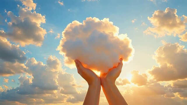 Hands holding a cloud against sky