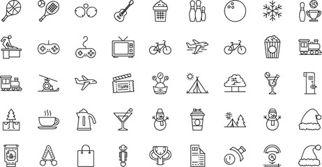 Naklejka premium Black and white lifestyle line icon set featuring travel transportation winter holiday sports leisure entertainment food drink and hobby symbols