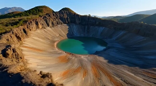 Dramatic aerial view of a turquoise crater lake surrounded by mountainous terrain