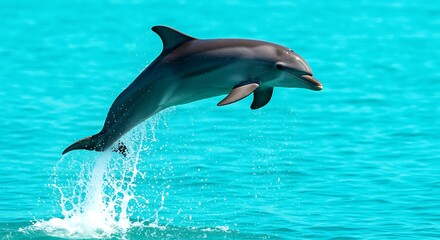 Dolphin jumping out of blue ocean water with splashing waves and droplets flying around its body in mid air  marine mammal