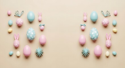 Pastel Easter Eggs and Decorations Arranged on a Flat Beige Surface Viewed from Directly Above