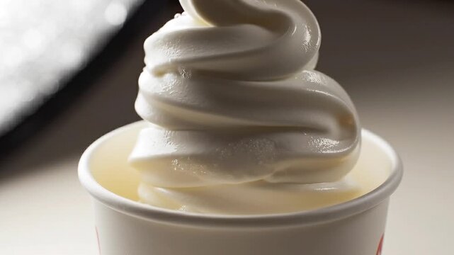 Cinematic Macro of Frozen Yogurt Swirling into a Bright White Ceramic Cup
