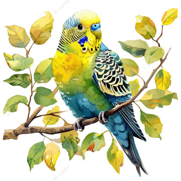 Budgerigar, clipart vector in watercolor style with flowing brushwork, isolated on a white background.