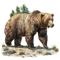 Fototapeta premium Brown Bear, clipart vector in watercolor style with flowing brushwork, isolated on a white background.