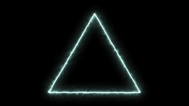 Abstract triangle light neon glowing frame loop with electric current effect on black background