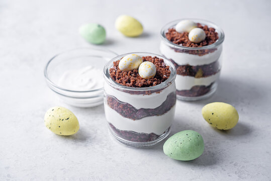 Chocolate cookies greek yogurt parfait in a glass for Easter holidays