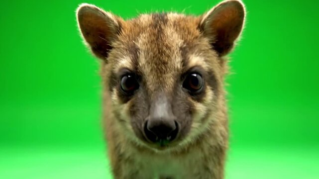 Observing a small wild mammal on a bright green studio backdrop