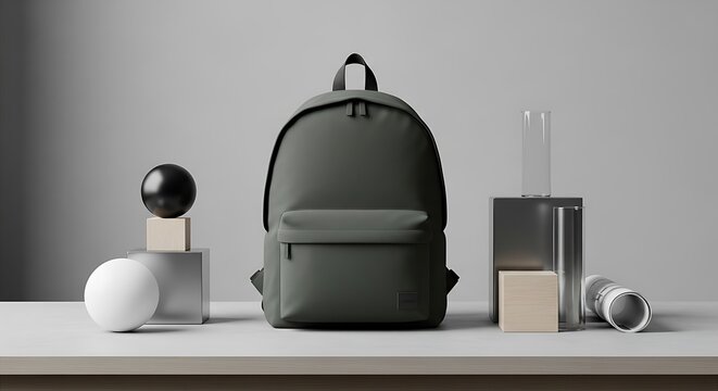 Minimalist dark green backpack on a table with geometric shapes.