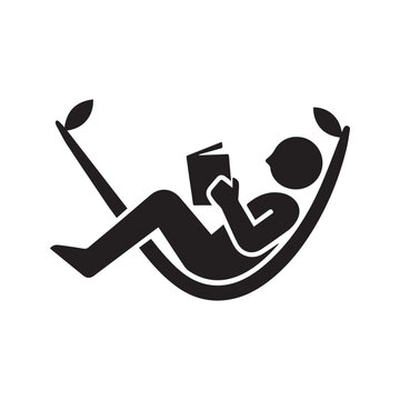 Person reading book in hammock silhouette icon. Man relaxing and resting vector symbol. Summer vacation leisure pictogram.
