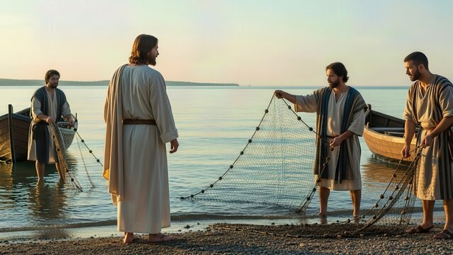 Jesus Christ, divine mentor, calls dedicated fishermen, his first apostles, inspiring them to forsake their nets, become spiritual fishers of men, serving God&rsquo;s Kingdom