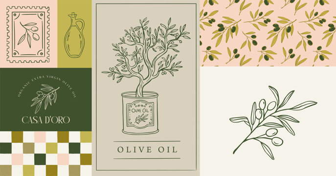 Vintage hand drawn olive oil labels, badges, logos and backgrounds