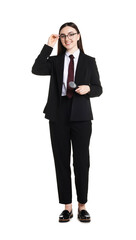 Happy news presenter with microphone on white background