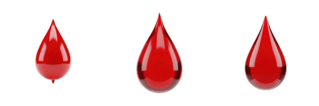 Set of 3D Stylized Red Liquid Drops: Realistic Isometric Glossy Blood or Oil Droplets for Medical, Automotive, and Creative Design PNG
