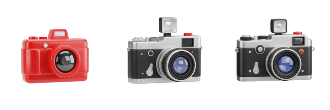 Set of 3D Stylized Photography Icons: Realistic Retro Silver Rangefinder and Vibrant Red Toy Cameras for Creative Design PNG