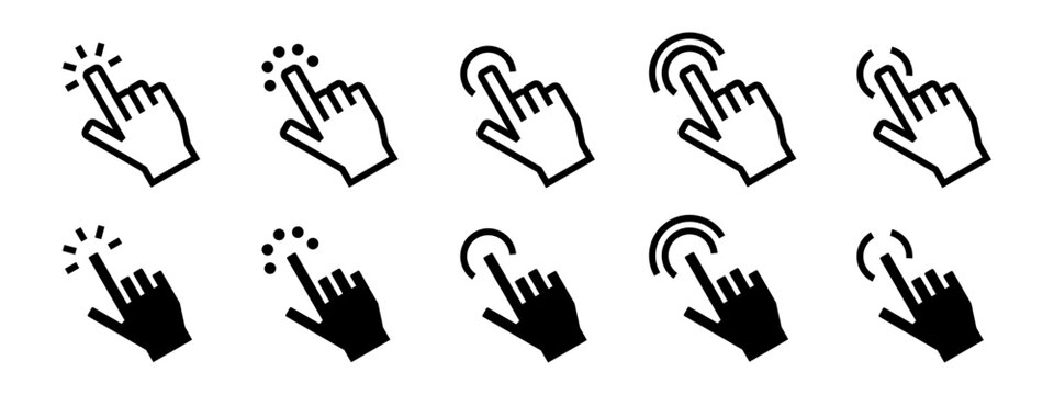 Conjunto de iconos de clic de dedo. Interacci&oacute;n t&aacute;ctil, acci&oacute;n digital, selecci&oacute;n de opciones, navegaci&oacute;n intuitiva, control manual. Ilustraci&oacute;n vectorial lineal