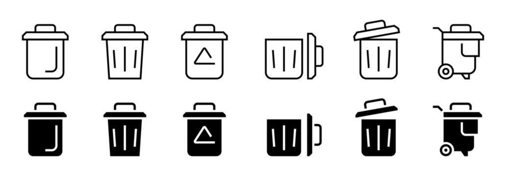 Conjunto de iconos de contenedores de basura. Gesti&oacute;n de residuos, reciclaje sostenible, eliminaci&oacute;n de desechos, limpieza urbana, control ambiental. Ilustraci&oacute;n vectorial lineal
