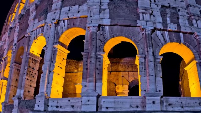 Night photo of an illuminated ancient structure's arched facade, featuring weathered stone