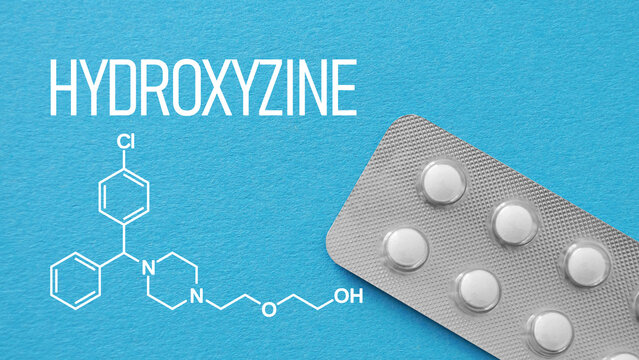 Hydroxyzine antihistamine medication concept for allergy relief and anxiety treatment, sedative effect, itching and urticaria therapy, pharmaceutical drug for stress and insomnia management