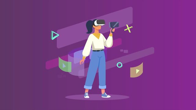 video animation motion graphic. Woman Exploring Virtual World Concept. 2d flat cartoon stock footage 4k high quality