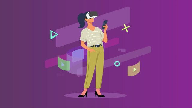 video animation motion graphic. Woman Using VR Headset Concept. 2d flat cartoon stock footage 4k high quality