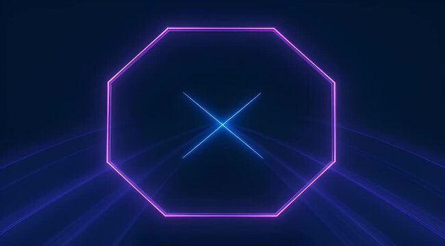 Abstract dark background with glowing neon octagon and cross lines design