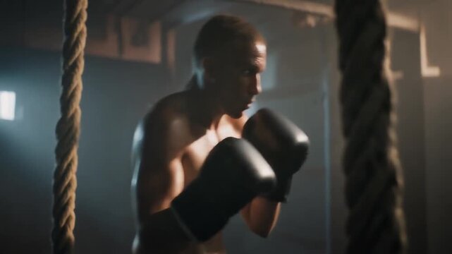 Man Training in Boxing Gym.