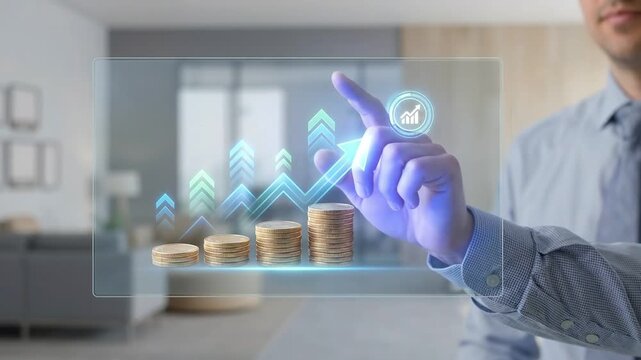 Businessman Interact with Digital Display Showcase Financial Growth and Investment Progress