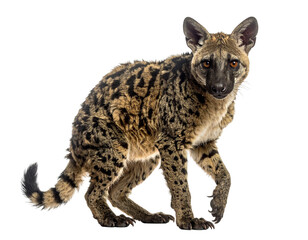 Naklejka premium Savanna hyena cub in full stride with spotted fur and alert ears