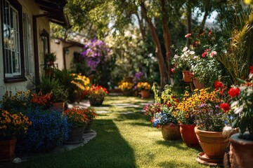 Obraz premium Lush Garden Path - Vibrant Flowers, Sun-Dappled Light, and Quaint Cottage Ambiance.