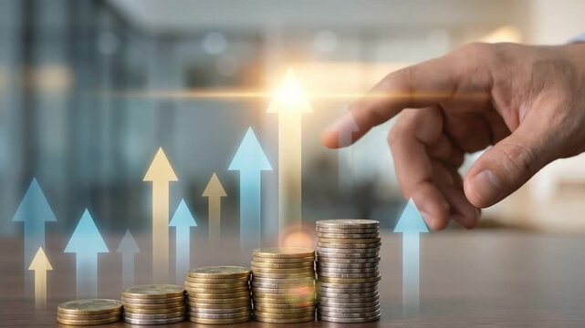 Business Growth with Virtual Arrows and Coin Stacks on Table in a Modern Office Setting