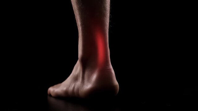 Foot with red glow on heel tendon within dark black background surface area