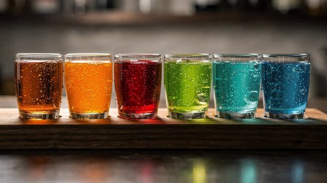 Medium shot of a sampler board with vibrant nonalcoholic craft sodas front angle highlighting colorful bubbles in focus and blurred background.