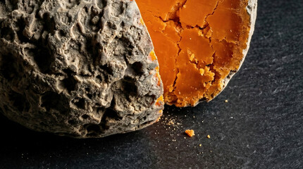 Extreme macro of aged Mimolette cheese rind showing moon-like craters