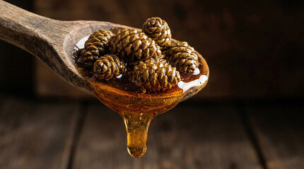 Russian Varenye young pinecone jam in thick amber syrup on wooden spoon