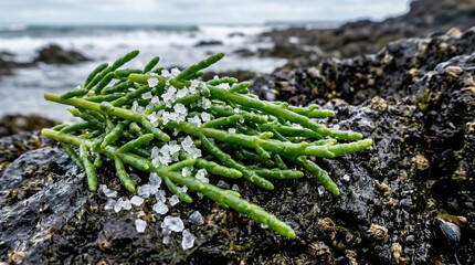 Fresh green Salicornia sea asparagus sprinkled with coarse sea salt