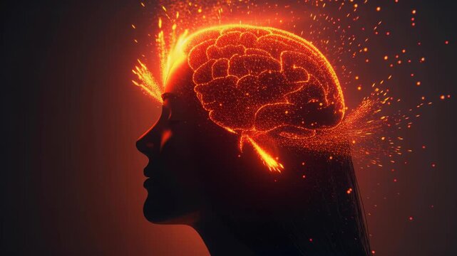 Brain Ignition: An artistic representation of a mind ablaze with insight and potential, depicting a silhouette of a person with the brain illuminated by radiant energy.